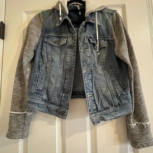Free people denim distressed hood sweatshirt jacket